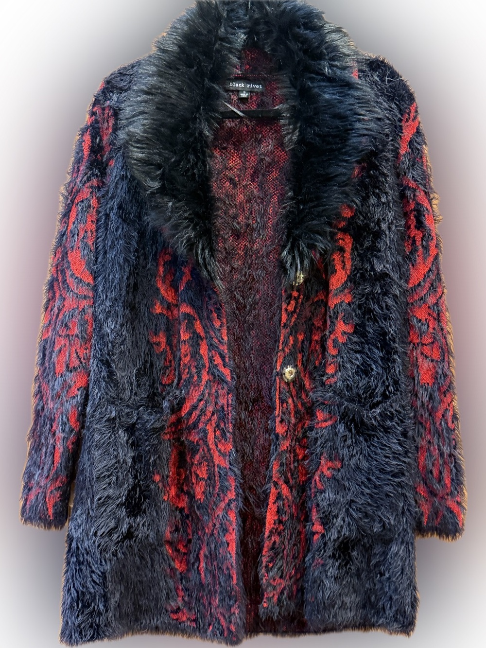 Black Rivet Red & Black Faux Fur Cardigan Coat Sweater Jacket, Size S